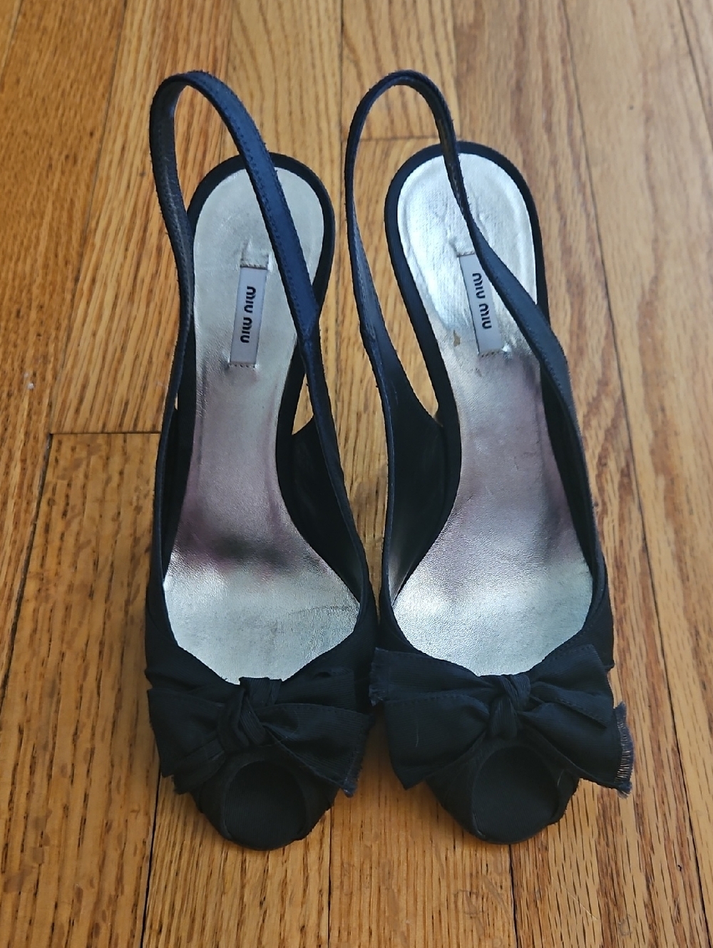 Vintage Miu Miu Black Peep-Toe Slingback Heels with Bow Accent - Size 35.5